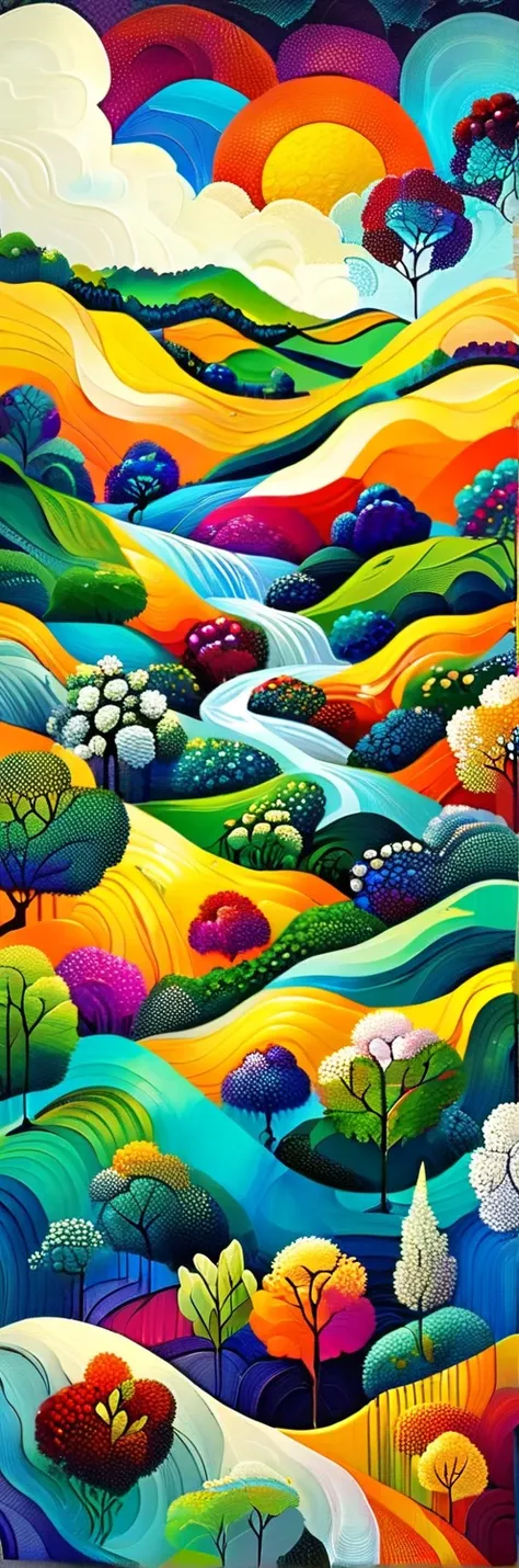 Masterpiece, best composition, dynamic composition, colorful landscape painting, vibrant abstract landscape, river flowing through hilly area, rolling hills, various trees and grasses, colorful design, sun, blue sky and white clouds, vibrant colors.