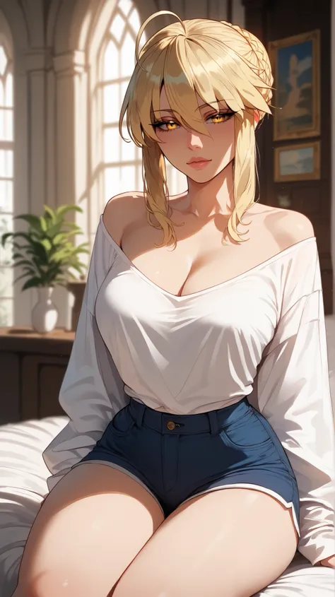 Artoria Pendragon style,  blonde hair ,  golden eyes,  perfect eyes,  perfectly sexy face, ultra detailed,  ultra perfect eyes ,  big beautiful woman , sitting, dark blue shorts, Body,  looking at the spectator,