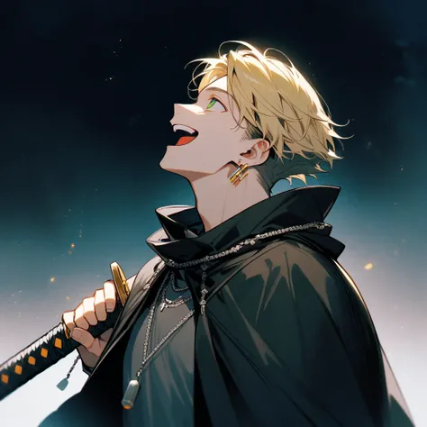 One person, Half body, one adult man, handsome, wearing a grey shirt with cloak, black long pants, two block haircut, sixpack, silver necklace, yellow hair, green eyes, gold earing, holding a red katana, Laughing at the Sky, looked up, open mouth, villain,...