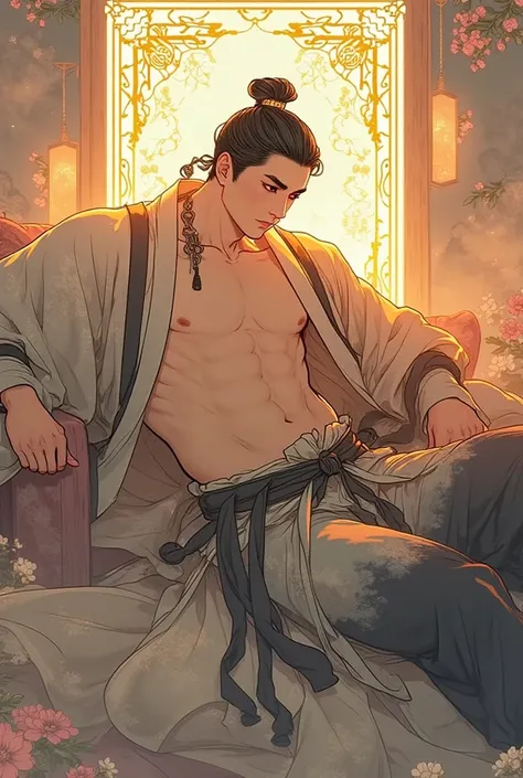 A 24-year-old man, wearing Chinese Hanfu, handsome, with biceps and abdominal muscles, lying under the screen