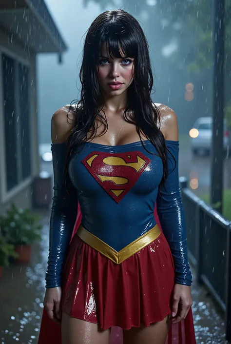 JAPANESE GIRL (WEARING A SUPERGIRL COSTUME AND CAPE) A VERY SEXY BLUE EYED, BLACK JAPANESE GIRL WEARING A SUPERGIRL COSTUME AND CAPE. SOAKING WET FROM THE RAIN OUTSIDE THE FRONT PORCH POUTING. COMPLETELY SOAKED AND WET.4K, 8KHAIR AND CLOTHESB AND CAPE DREN...