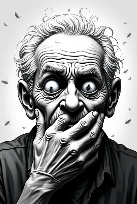  Cartoon of an old man in the foreground covering his mouth, with many wrinkles and with cockroaches in his eyes .  in black and white and with a lot of contrast .