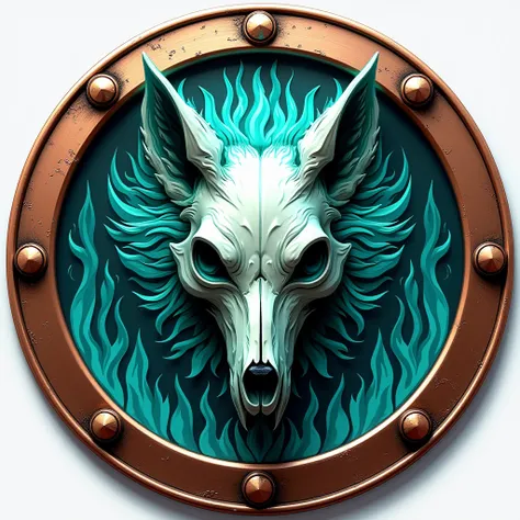 Please create a detailed round crest . The coat of arms is completely filled with turquoise flames . In the middle a completely skelezonized wolf skull without ears. The coat of arms is surrounded by shiny light copper fittings with rivets. The flames and ...