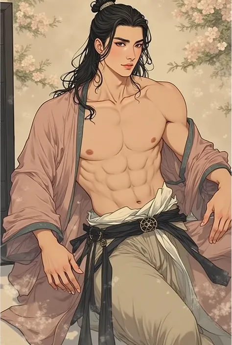 A 24-year-old man, wearing Chinese Hanfu, handsome, with biceps and abdominal muscles, lying under the screen, with long black hair