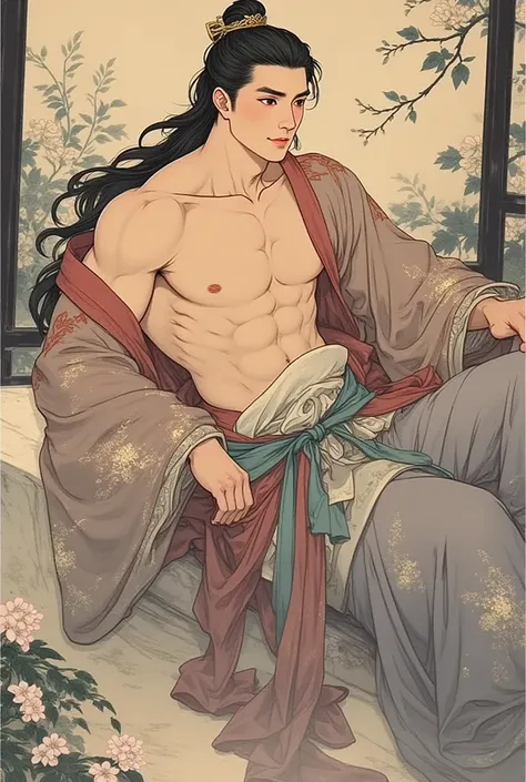 A 24-year-old man, wearing Chinese Hanfu, handsome, with biceps and abdominal muscles, lying under the screen, with long black hair