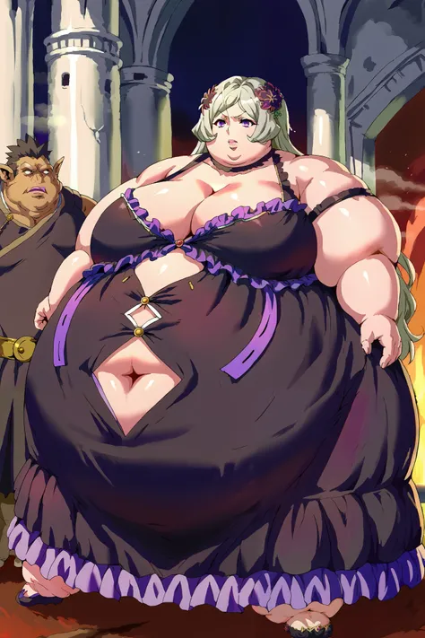 Girl becoming a monster, becoming a troll, fat, chubby, obese, score_9, score_8_up, score_7_up, source_anime,
danmachifreya, freya, long hair, hair ornament, purple eyes, grey hair, flower, hair flower,
cleavage, bare shoulders, dress, black dress, choker,...