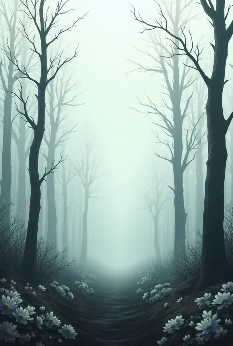 The Colorless Forest: A gloomy forest scene with colorless trees, gray flowers, and a pale sky, creating a sad atmosphere.