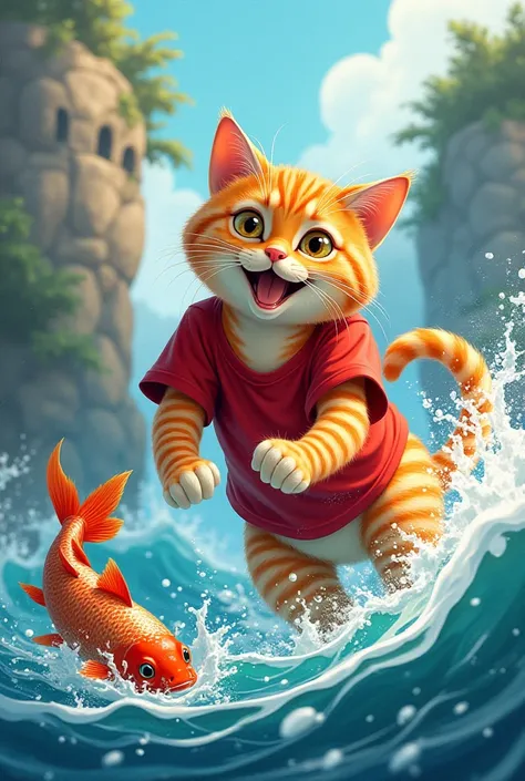 the cat is catching a fish that is jumping,an orange cat should be like a real cat, cat wearing a red t-shirt 