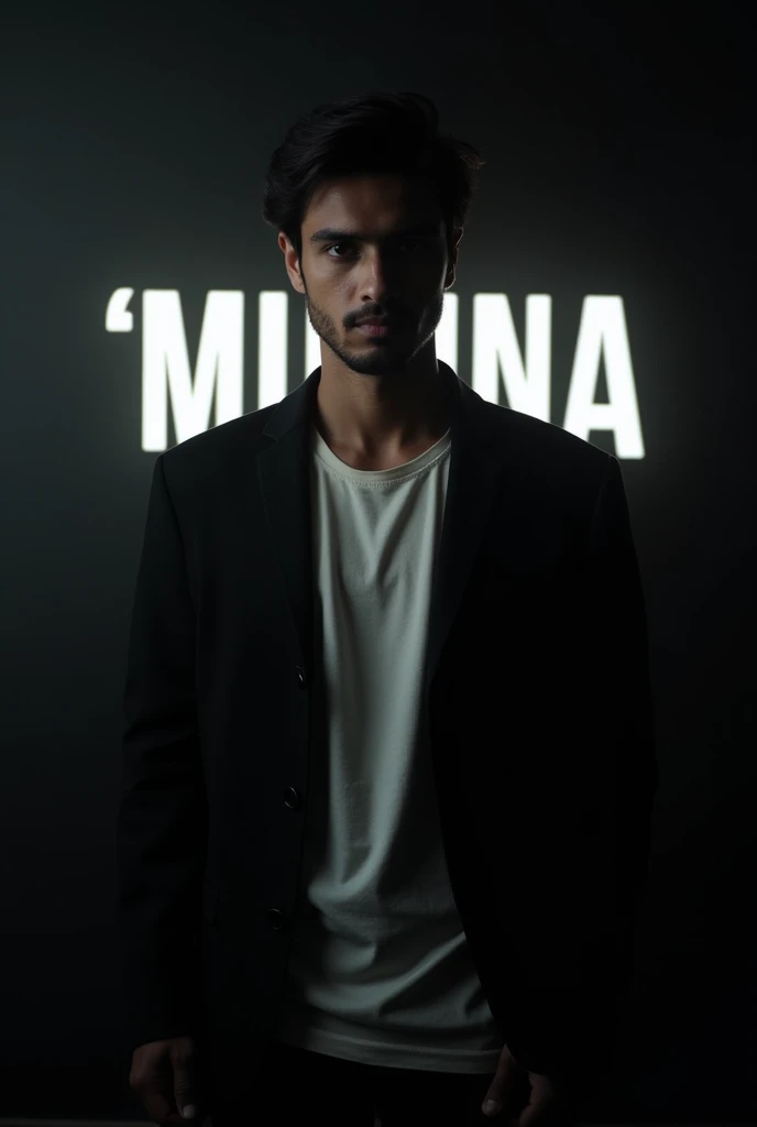 Create a highly realistic portrait of a 20-year-old Bangladeshi man named 'MUNNA, standing in a dark room. He is wearing a blackblazer and a white shirt.

The lighting should be dramatic, focusing on his handsome face with a light stubble, giving him a rug...