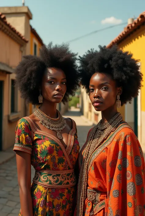  Ethiopian cultural dressed women with afro, beautiful, background old vintage houses