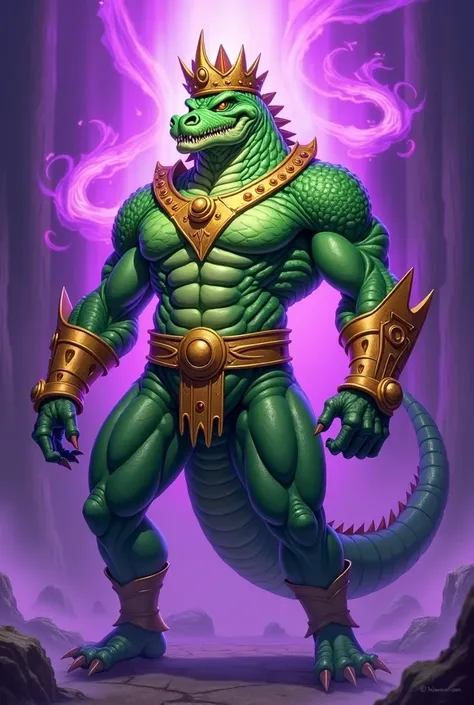 Baryonyx humaniod with green scales,king crown,golden accesories,purple aura,crocodile mouth,human body with green scales,anime style,2d,muscles,badass,2D,cartoon,fit body,purple mist,tall