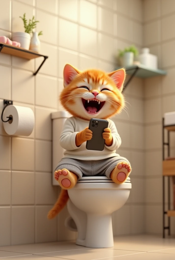 A playful and animated orange tabby kitten sitting on a toilet in a bright, modern bathroom with tiled walls. The kitten is wearing a white shirt, and its pants are pulled down to its ankles. The kitten holds a smartphone in its paws, laughing or reacting ...