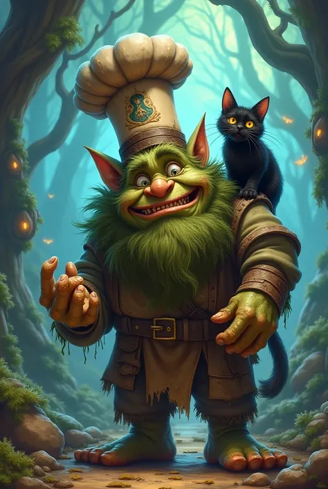 Clumsy Troll with a black cat on a should,a cooking hat and dough on his hands on world of WarCraft Style