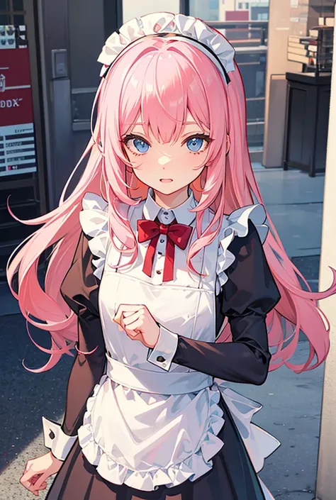  pink hair　blue eyes　 maid clothes