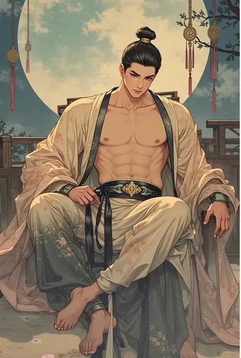 A 24-year-old man, wearing Chinese Hanfu, handsome, with biceps and abdominal muscles, lying under the screen