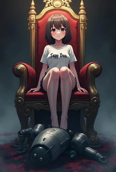 Anime girl with short brown hair and have tapp dao written on shirt sitting on the throne with dead robot on the floor