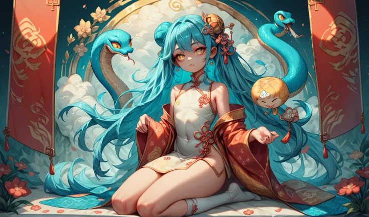  Aqua Blue Long Haired Girl ，Golden pupil，hairpin，Oiran，Flat chest， Flowers Pattern Chinese Flag Robe， Bare Arm， Bare Thighs ，Long Socks，Kneeling，Chinese Mansion ， High Resolution ,  Best Quality , Small individuals, snake，dumpling head, 