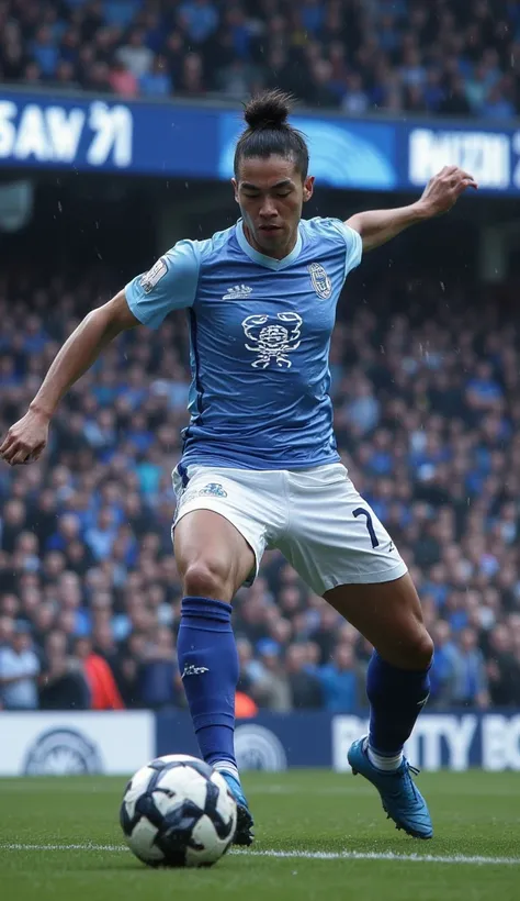 "A footballer representing the zodiac sign Cancer, wearing a blue and white jersey with a subtle crab emblem on the chest. The player is in action, focused on defending, with a calm and determined expression. They are skillfully shielding the ball with one...