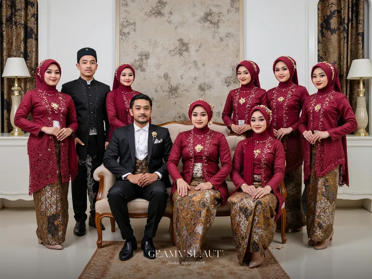 A captivating formal portrait of an Indonesian family, featuring nine members gathered together on a luxurious occasion. father Wearing black suit aged 60 and mother wearing maroon kebaya aged 60, are seated on a chair, with their  daughter and  son sittin...