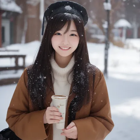  neat female college student　20 years old　 Japanese　 photos　 is cute 　smile　Semi-long hair - snow country　 is snowing