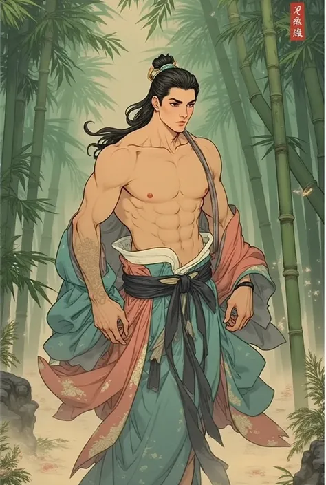 A 24-year-old man, wearing Chinese Hanfu, handsome, with biceps and abdominal muscles, standing in a bamboo forest, with long black hair, and a sick, fragile look