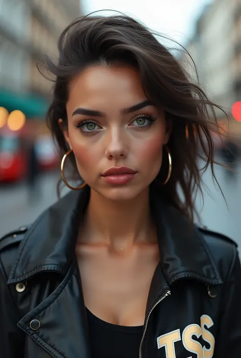 

"A young woman with captivating green eyes, wearing natural yet striking lipstick, and a trendy jacket with the text 'TSS' on the front. Her face exudes confidence, set against the backdrop of a modern and elegant cityscape. The details of her face are r...