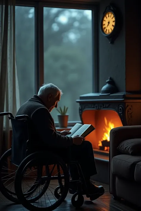 A old man on a Wheel chair reading a book,an other younger man on a brown sofa reading a book a window with rain taping on it and trees with wind. In the back a fire in the chimney with a clock ticking on top and the atmosphere is dark there are only littl...