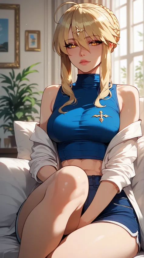 Artoria Pendragon style,  blonde hair ,  golden eyes,  perfect eyes,  perfectly sexy face, ultra detailed,  ultra perfect eyes ,  big beautiful woman , sitting, dark blue shorts, Body,  looking at the spectator,