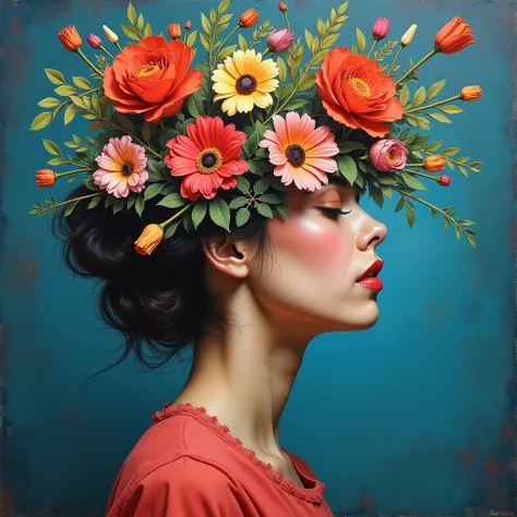 please create me a painting of a women facing away with the top half of her head off as if the flowers, paint brushes and band aids are coming out her brain, make it beautiful but moody with bright colors