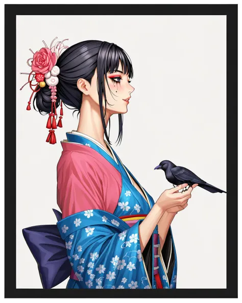 (((   vivid and delicate ink painting   ))), (((       bright, expensive, beautiful kimono    ))),(((Beautiful fingertips)))，((( anatomically correct5ほんの指)))，((( decorative hair )))，(((crow)))，(((  Delicate hands))) ，(((playing a Japan  ese pattern electri...