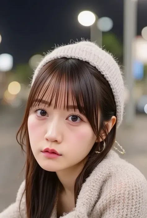 ( best quality,masterpiece:1.3, super high definition),( very detailed,8k),( is present:1.4,RAW shooting)。 Blurred background of 、 staring at the audience 、 embarrassed expression、  18 year old girl、 twin tails。  knitted hat 、 scarves 。 A Cup Breasts、 nigh...