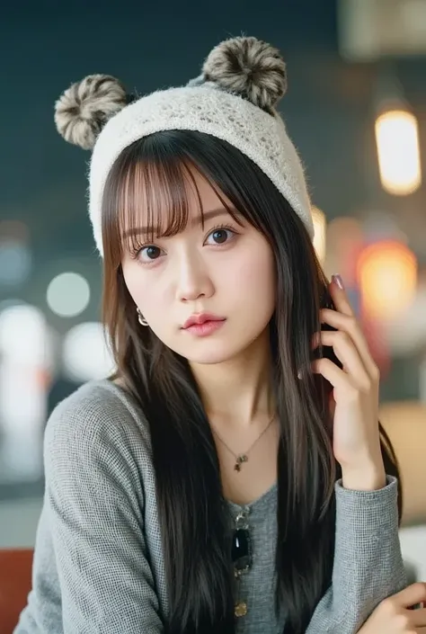 ( best quality,masterpiece:1.3, super high definition),( very detailed,8k),( is present:1.4,RAW shooting)。 Blurred background of 、 staring at the audience 、 embarrassed expression、  18 year old girl、 twin tails。  knitted hat 、 scarves 。 A Cup Breasts、 nigh...