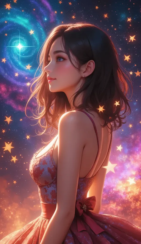 high detail, more details, super high definition, A girl having a great time in the galaxy of her dreams , Surrounded by stars, The warm light that shines on her, background is a starry sky with colorful galaxies and galactic clouds, The flying stars ...