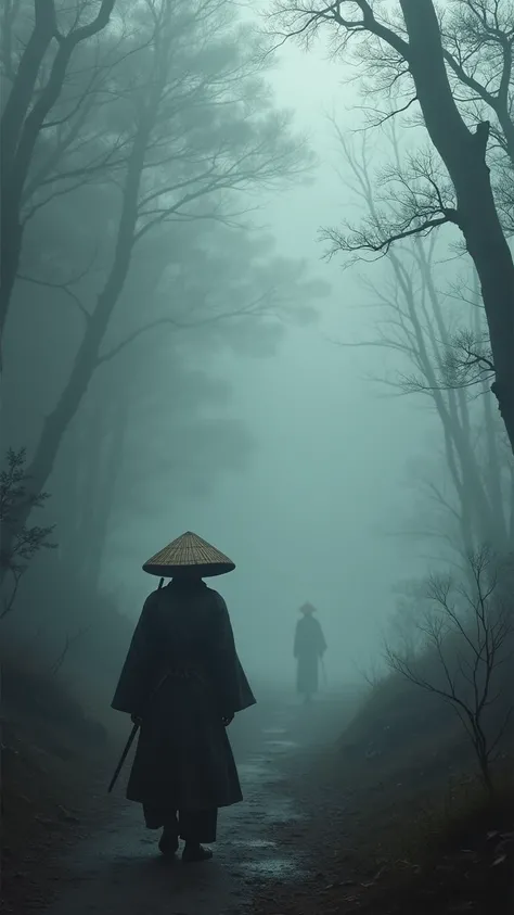 The mist hangs heavy in the air, obscuring the path. Suddenly, a figure breaks through the swirling gray – a middle-aged samurai, his straw hat pulled low against the drizzle. He emerges, sword sheathed, his gaze sharp, scanning the desolate landscape."
 *...