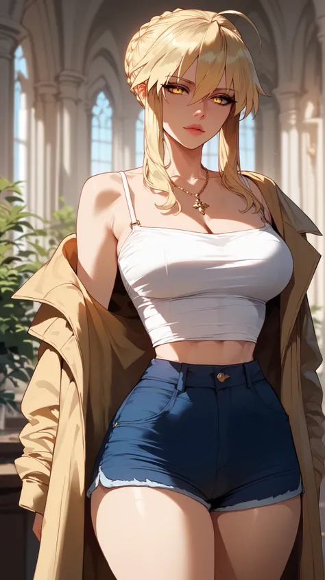 Artoria Pendragon style,  blonde hair ,  golden eyes,  perfect eyes,  perfectly sexy face, ultra detailed,  ultra perfect eyes ,  big beautiful woman , standing, dark blue shorts, Body,  looking at the spectator,