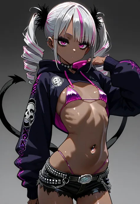  high resolution, best quality,Brown-skinned human girl ,Skinny girl , small tits, Punk Fashion , black and magenta bikini , cyberpunk-style hoodie has large magenta colored lines,EXTRA SHORT HOODIE , Silver Hair,silver and magenta  ((streaked hair)),highl...