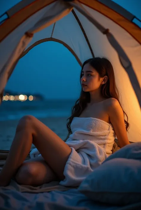 14-year-old brunette girl,  of white towel , Lying in the camping tent,  showing the thigh ,  on the beach ,  at night,  photo taken by cell phone camera 