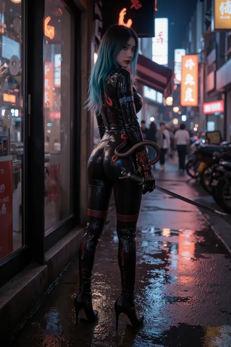 A professional moody photography shot of a stunning cyberpunk woman with many bionics and long black to blue gradient hair, her deep emerald cyborg eyes reflect the neon lighting from the buildings around her. She is wearing a tight back pvc bodysuit with ...