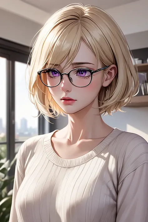  (masterpiece,  best quality, 8k,  high definition ), whole body, 1 woman, short blonde hair, mid-chest, purple eyes, soft lips, beautiful face, wearing chic glasses, natural light, detailed background, detailed illustration art, wearing cream-colored casu...