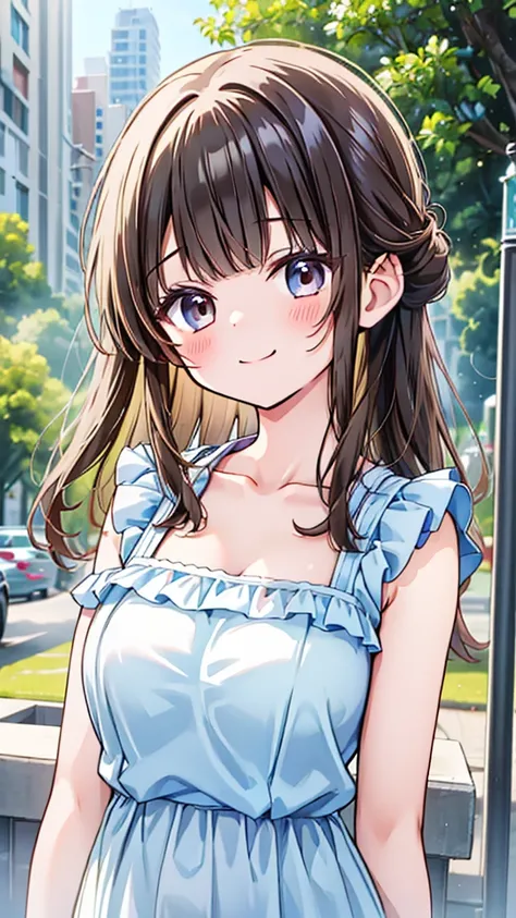 young girl、smile、brown hair,Cool hairstyle、Blushing、masterpiece、High resolution、16k、Spring clothes in fresh colors、(Very close:1.5)、Explore the city、(Depicting the upper body:1.5) cleavage in years,Big Breasts,