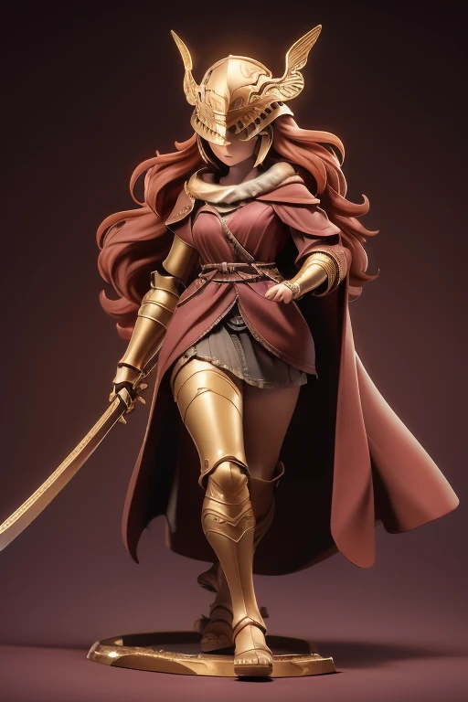 (  masterpiece , 8k, 4K,  background,  dynamic shading,  best quality, absurdres:1.4) beautiful hands, Perfect Hands, maduro, milf (mature mother), Sensual, (huge :1.1) small,  Miquella's blade ,  very long red hair,  helmet over her eyes , red coat, Golde...