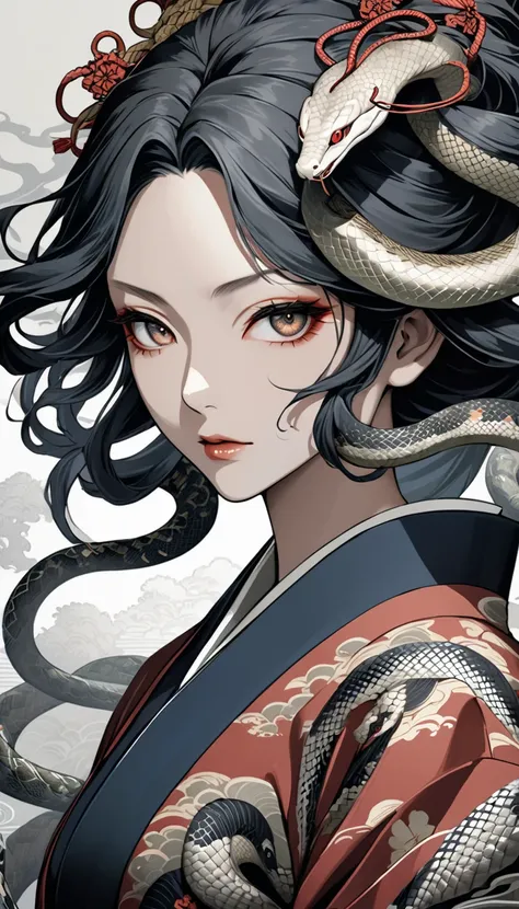 Ukiyo-e portrait of a woman with snake-shaped hair, all of the hair is made into dynamic snakes, Oriental Medusa, dynamic movement, traditional Japanese art style, (staring at you), highly detailed, ornate kimono, intricate hair ornaments, dramatic lightin...