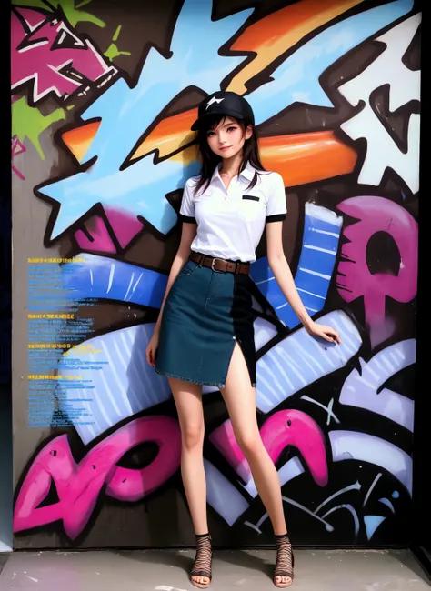 beauty young woman, standing posed, leaning to graffiti wall,  (+forehead, shoulder-length hair, black cap), BREAK, ((black and white 3/4 sleeves polo shirt), black-blue blended denim pencil mini skirt, brown belt, gray ankle boot sandals), BREAK, (1girl, ...