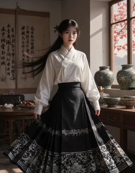 a girl in hanfu dress, beautiful detailed eyes, beautiful detailed lips, extremely detailed eyes and face, long eyelashes, smiling, hair ornament, holding blue and orange lacquer vase, intricate patterns, white dress, black mafeng skirt, swaying dress and ...