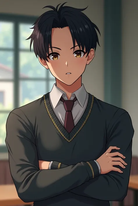 A real guy in a school uniform. With black comma hair, brown eyes, normal size eye, big biceps, and his longsleeve is folded in his arm.