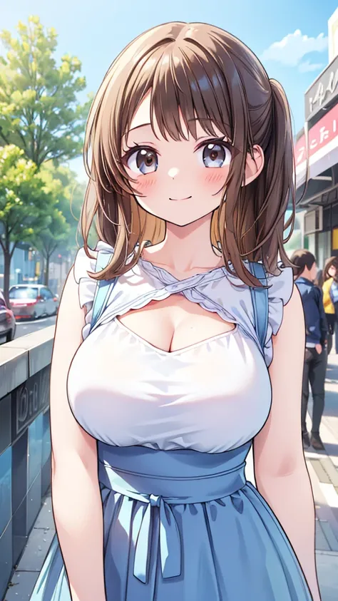 young girl、smile、brown hair,Cool hairstyle、Blushing、masterpiece、High resolution、16k、Spring clothes in fresh colors、(Very close:1.5)、Explore the city、(Depicting the upper body:1.5) cleavage in years,Big Breasts,