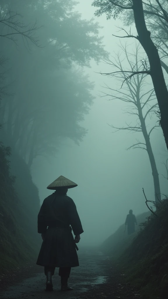 The mist hangs heavy in the air, obscuring the path. Suddenly, a figure breaks through the swirling gray – a middle-aged samurai, his straw hat pulled low against the drizzle. He emerges, sword sheathed, his gaze sharp, scanning the desolate landscape."
 *...