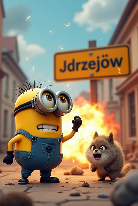 Minionek wysadza furry a koło niego jest znak Jędrzejów 