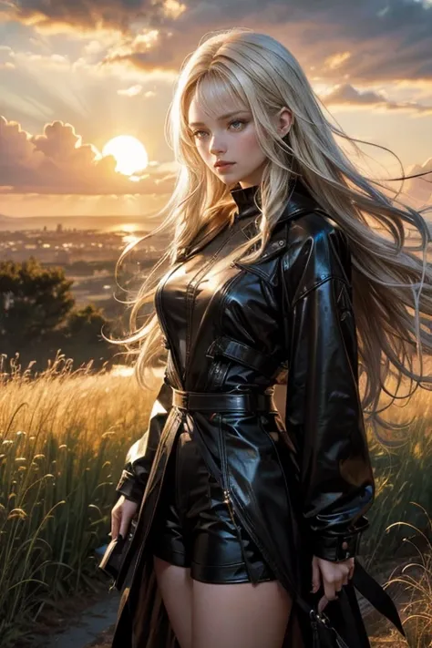 Close-up of a woman with long, wavy white hair. She has beautiful turquoise eyes. The woman wears a brown leather dress with slits on the sides, black leather shorts and black leather boots. She has a fearless and kind/delicate face, with slightly pouty li...