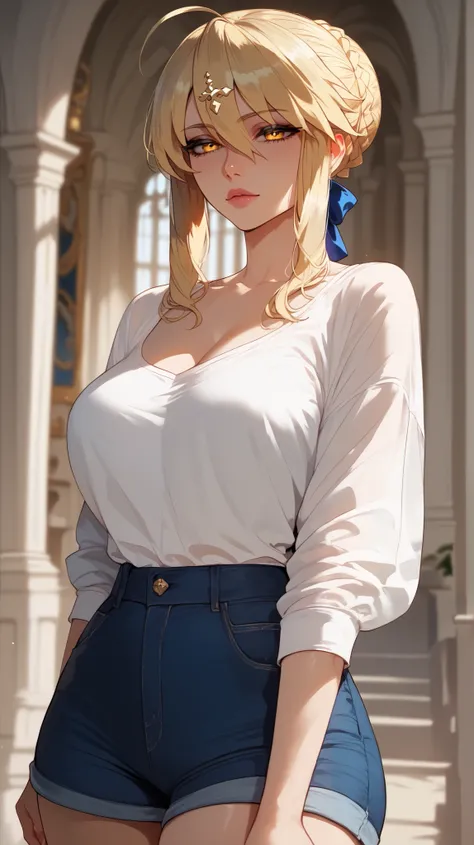 Artoria Pendragon style,  blonde hair ,  golden eyes,  perfect eyes,  perfectly sexy face, ultra detailed,  ultra perfect eyes ,  big beautiful woman , standing, dark blue shorts, Body,  looking at the spectator,